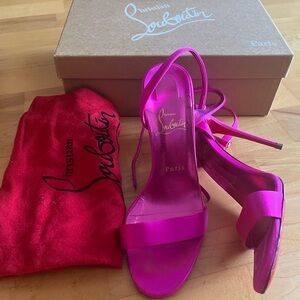 Loubigirl 100mm satin sandals, Holly pink, size 38